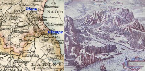 XVIIIth century engraving showing the Vale of Tempe and behind it Mount Olympus